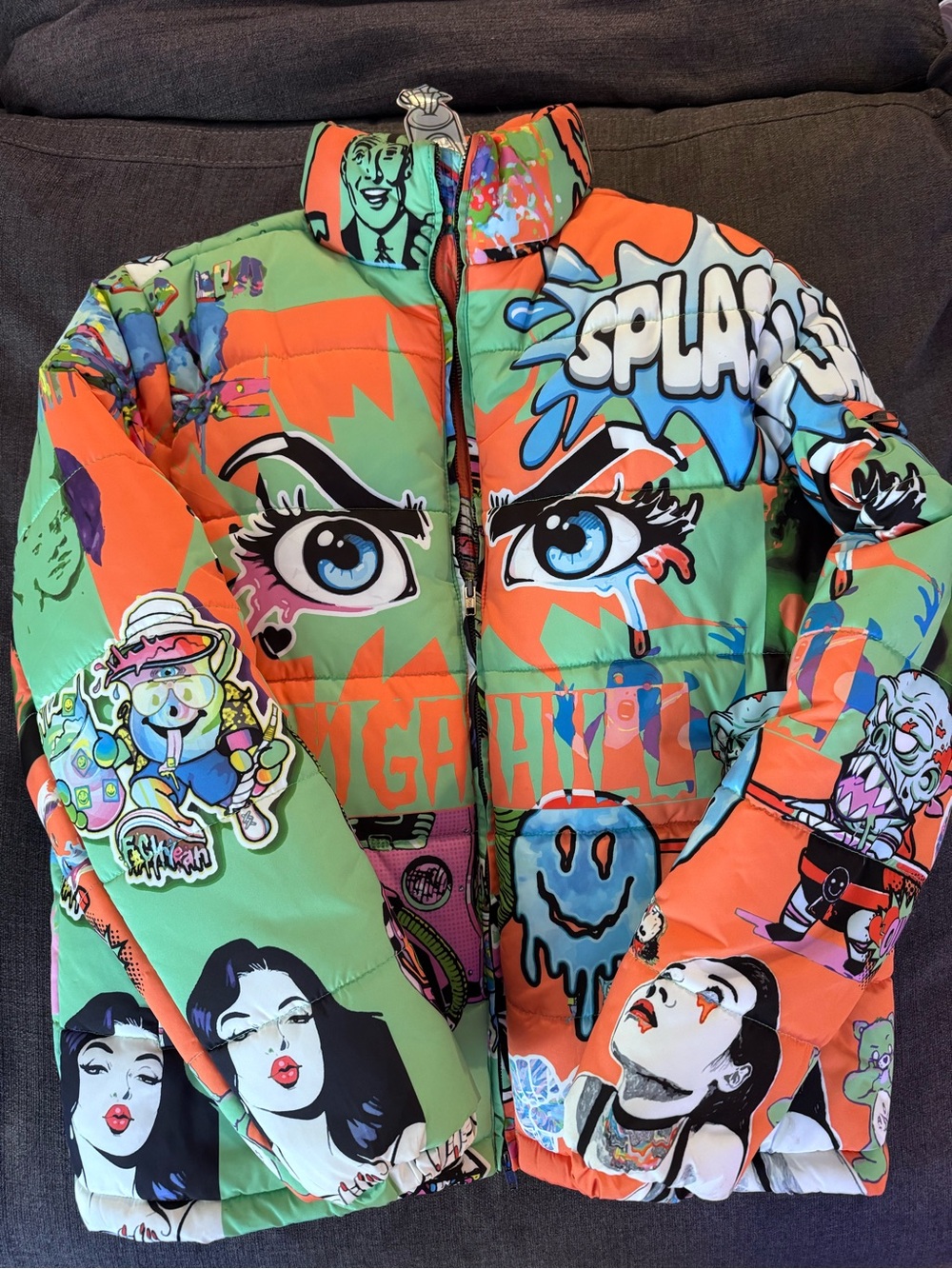 Icecream Kids Colorblock Graffiti Puffer Jacket - Green & Orange